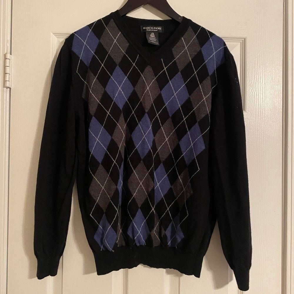 Marco Fiori Black  Argyle Sweater. Men’s. Large. Italy. Long Sleeve. V Neck.